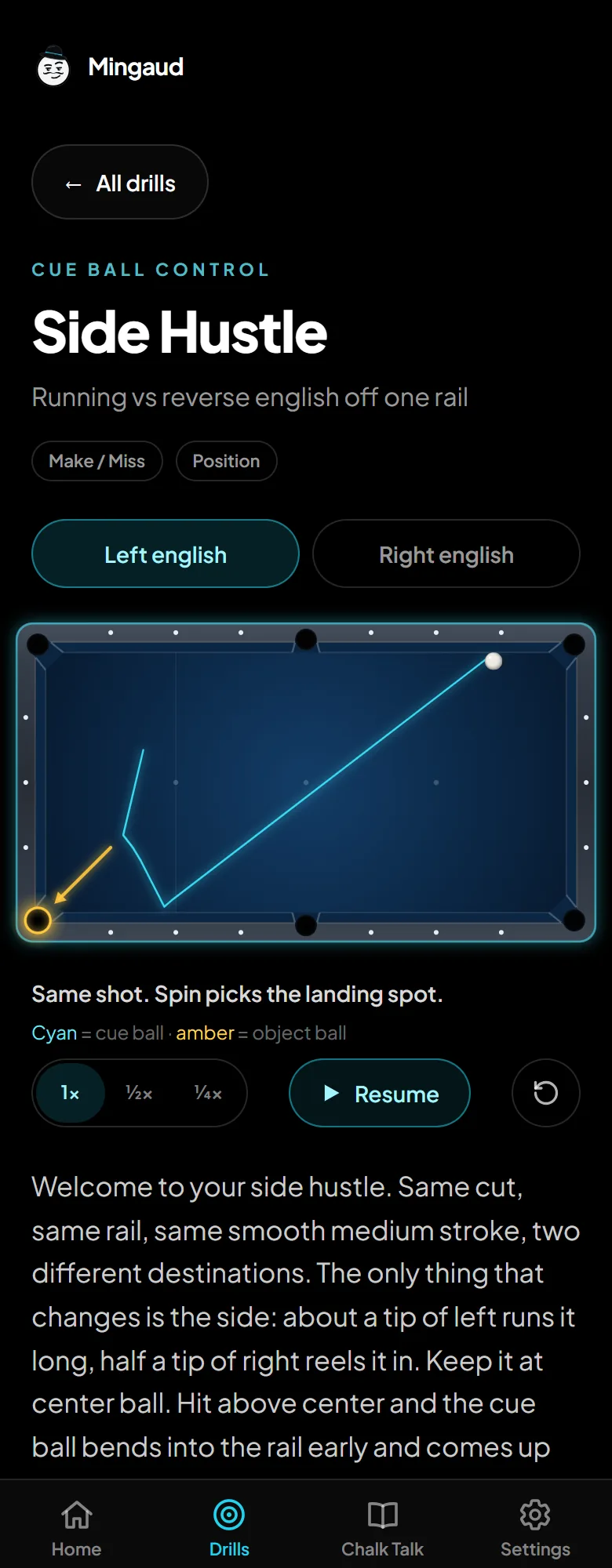 A Mingaud drill page: the animated table, the rules and how to make the shot.