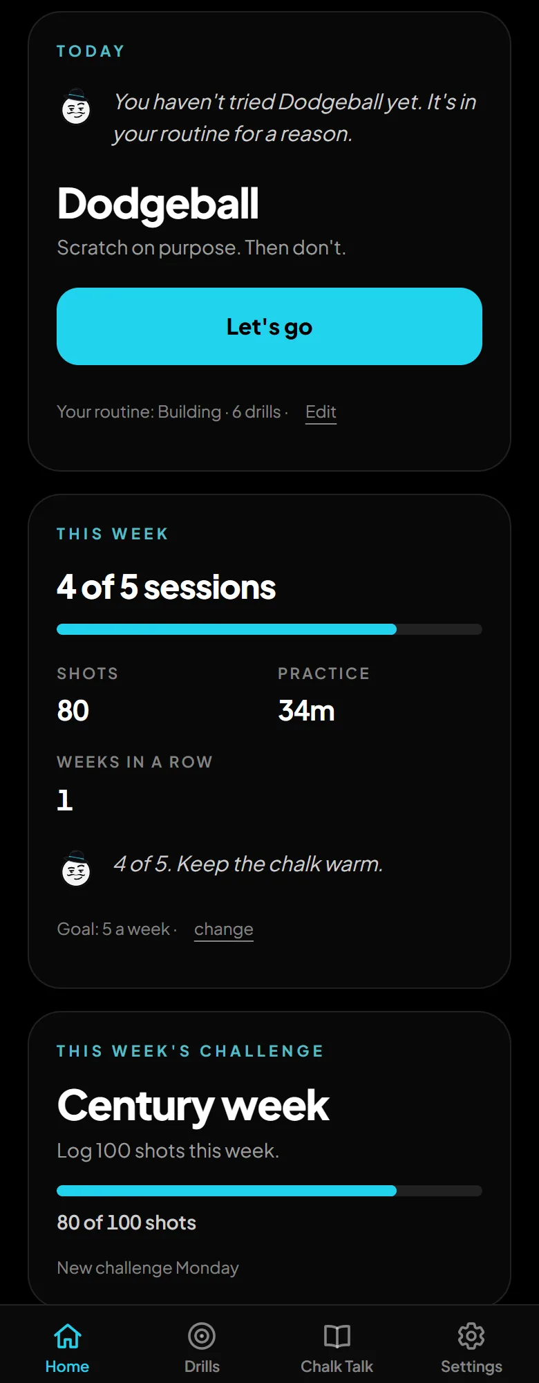 Mingaud's Home screen: today's pick, this week's progress and the weekly challenge.